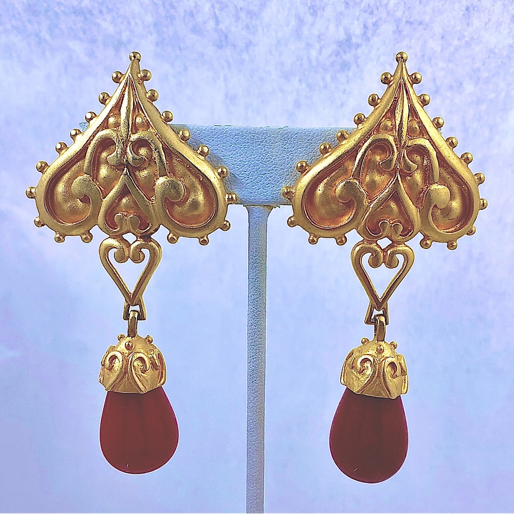 Vintage LESLIE BLOCK Red Stone Drop Earrings